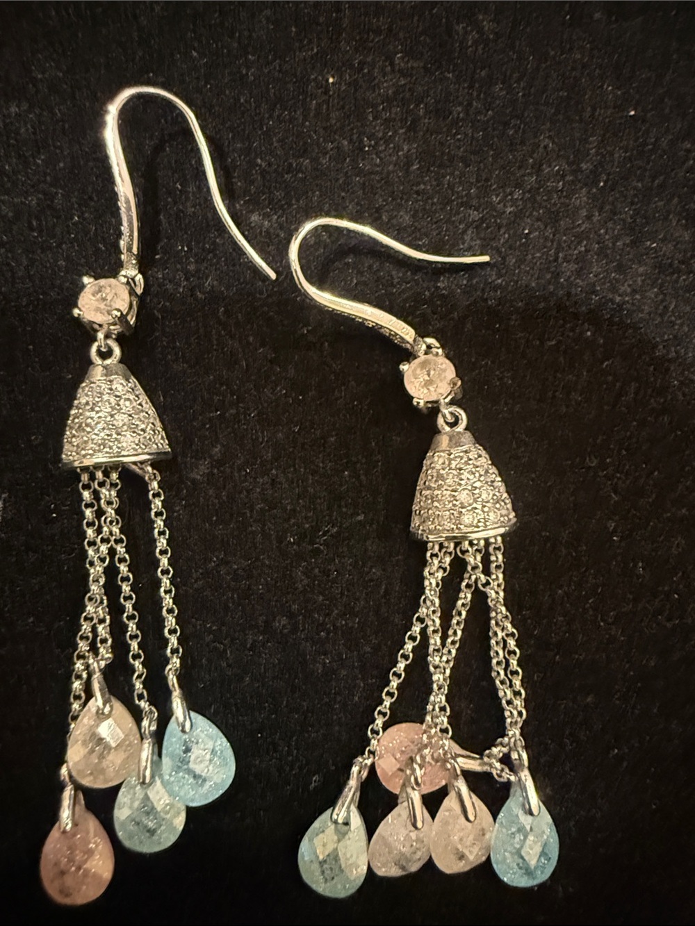 Silver Tone Dangle Earrings with Blue and Pink Drops
